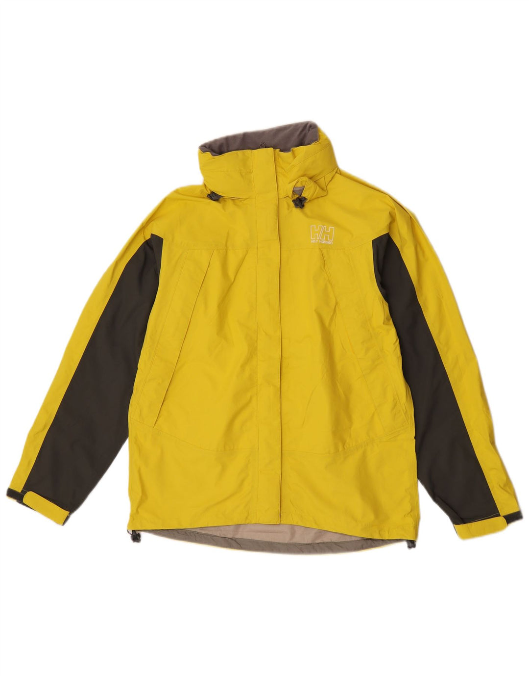 Helly Hansen Womens Hooded Rain Jacket UK 16 Large Yellow Colourblock