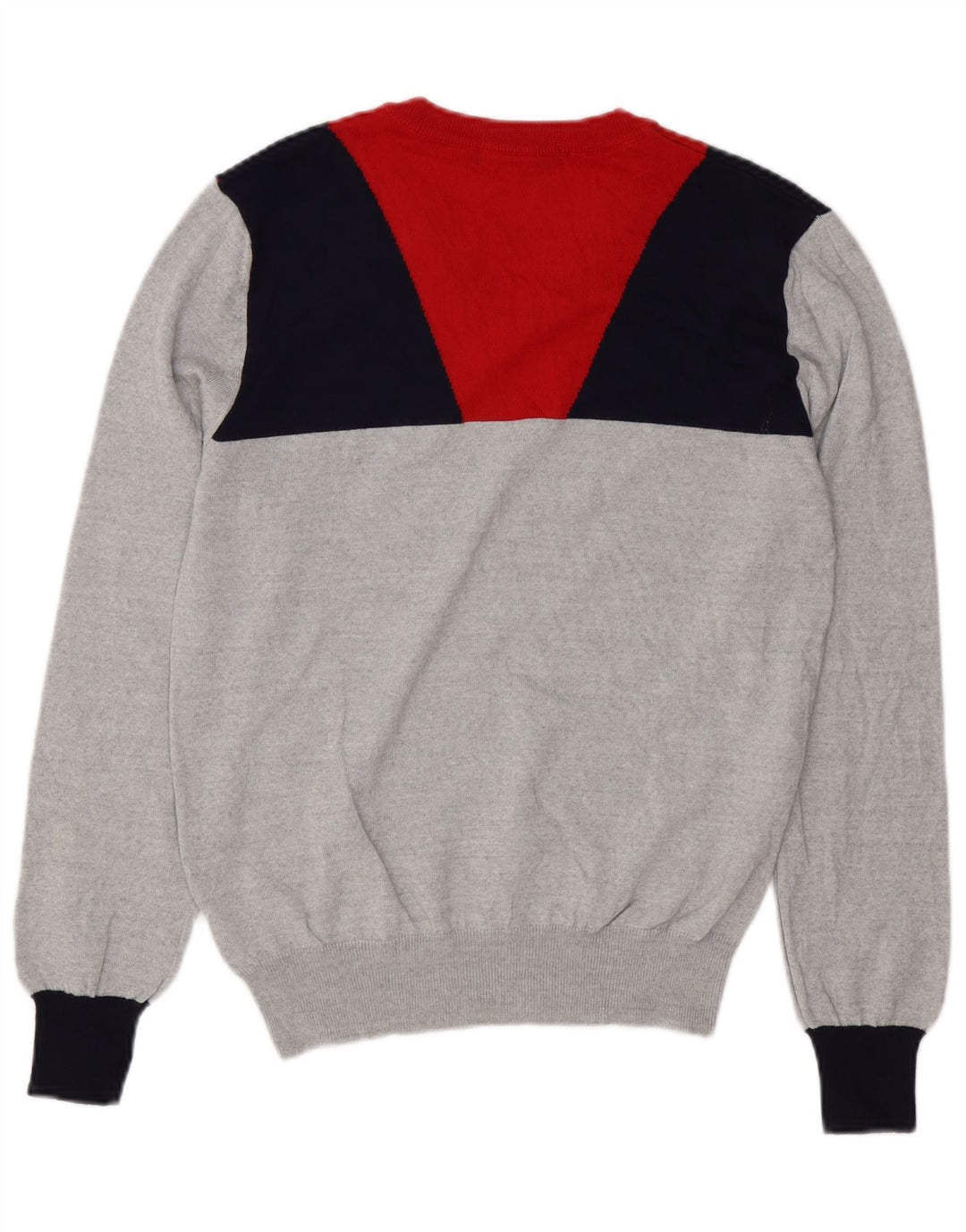 CALVIN KLEIN JEANS Mens V-Neck Jumper Sweater Small Grey Colourblock Wool Vintage Calvin Klein Jeans and Second-Hand Calvin Klein Jeans from Messina Hembry 