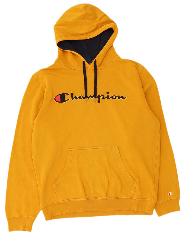 Champion Mens Graphic Hoodie Jumper Large Yellow Cotton