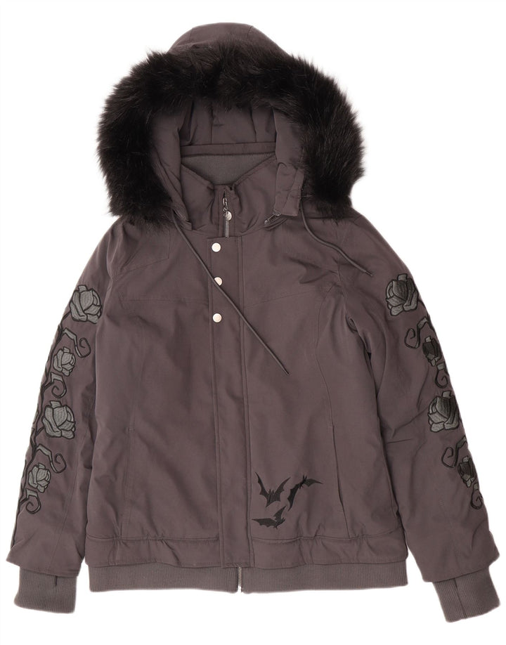 Disney Womens Hooded Bomber Jacket UK 16 Large Grey Floral Polyester