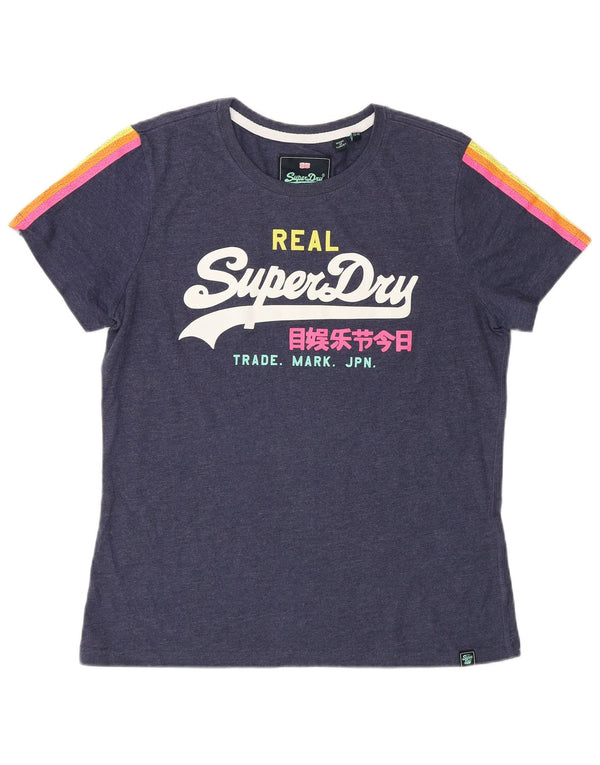 SUPERDRY Womens Graphic T-Shirt Top UK 14 Large Navy Blue Cotton