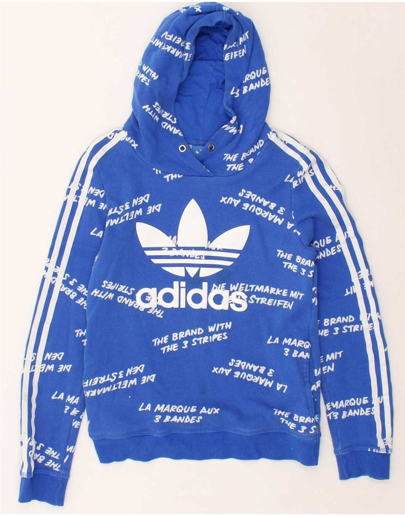 ADIDAS Womens Graphic Hoodie Jumper UK 12 Medium Blue Cotton Vintage Adidas and Second-Hand Adidas from Messina Hembry 