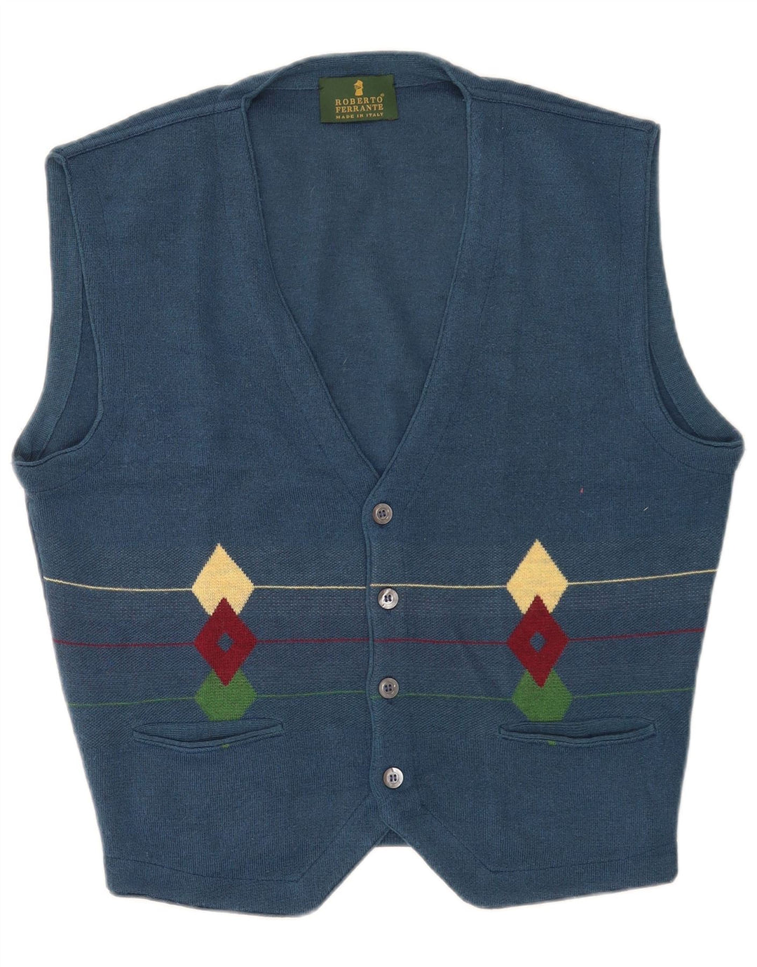 Vintage Mens Sleeveless Cardigan Sweater IT 50 Medium Blue Geometric