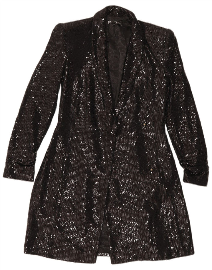 ZARA Womens Longline Open Blazer Jacket UK 6 XS Black Polyamide