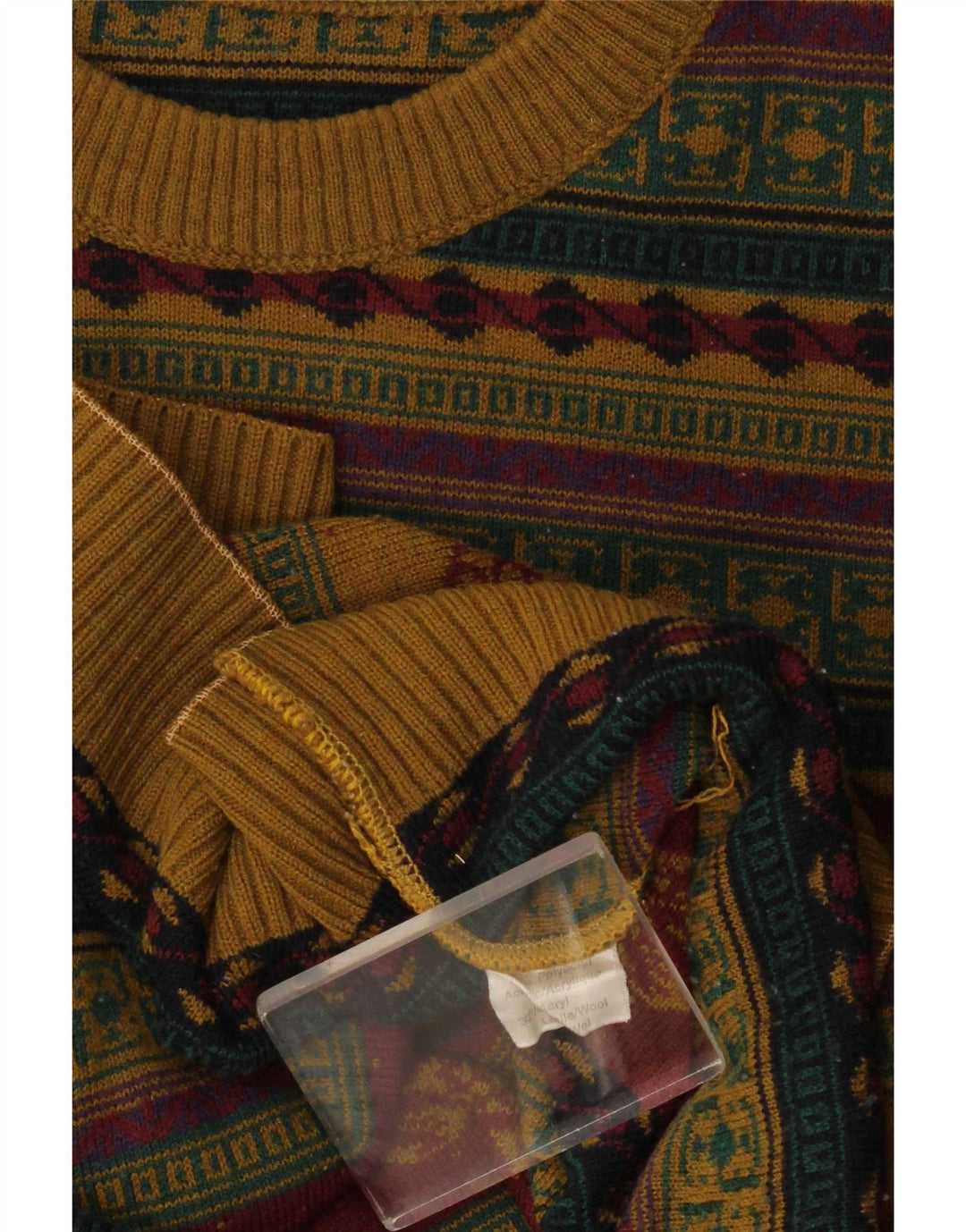Vintage Mens Crew Neck Jumper Sweater Large Brown Fair Isle Polyacrylic