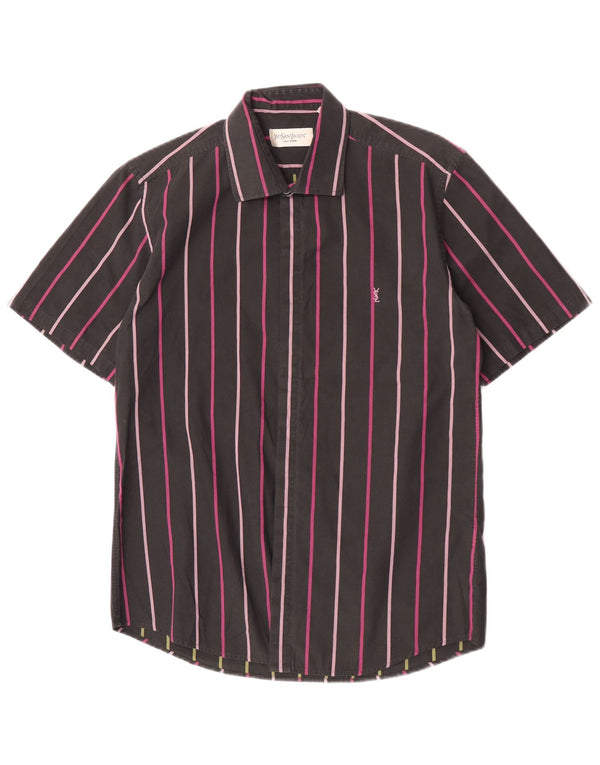 Yves Saint Laurent Mens Short Sleeve Shirt Medium Black Pinstripe Cotton