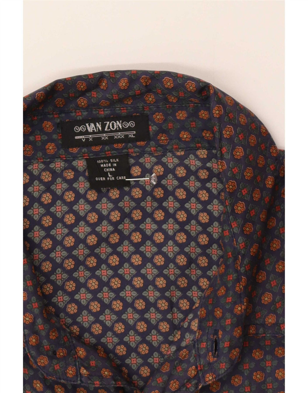 Van Zon Mens Short Sleeve Shirt Large Navy Blue Floral Silk