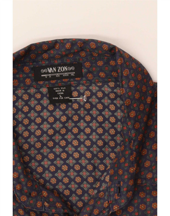 Van Zon Mens Short Sleeve Shirt Large Navy Blue Floral Silk