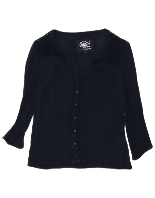 Superdry Womens 3/4 Sleeve Shirt Blouse UK 6 XS Navy Blue Floral Cotton