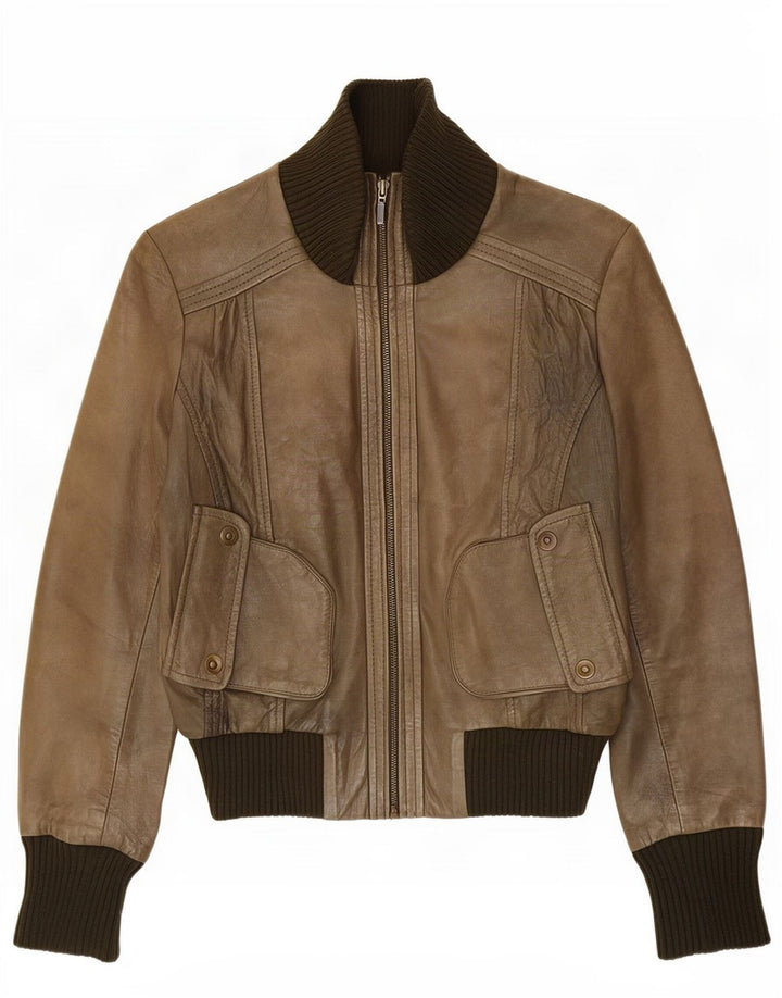 Oasis Womens Leather Jacket UK 14 Medium Khaki Colourblock