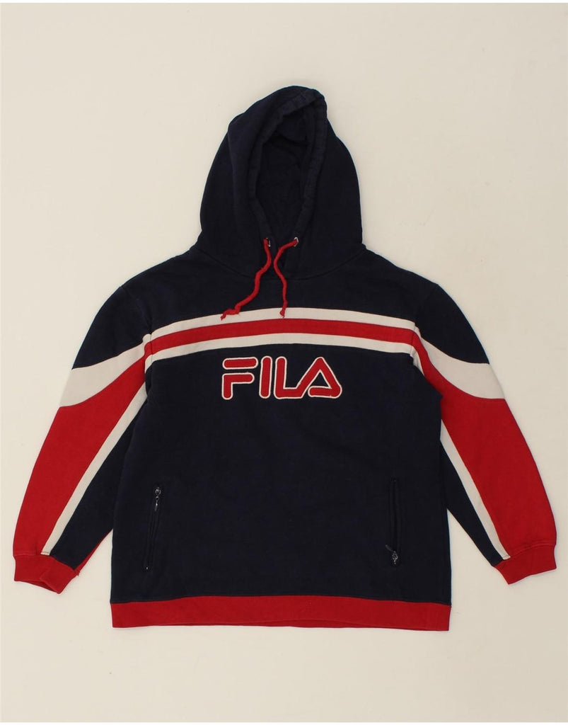 FILA Boys Graphic Hoodie Jumper 13-14 Years XL Navy Blue Colourblock | Vintage Fila | Thrift | Second-Hand Fila | Used Clothing | Messina Hembry 