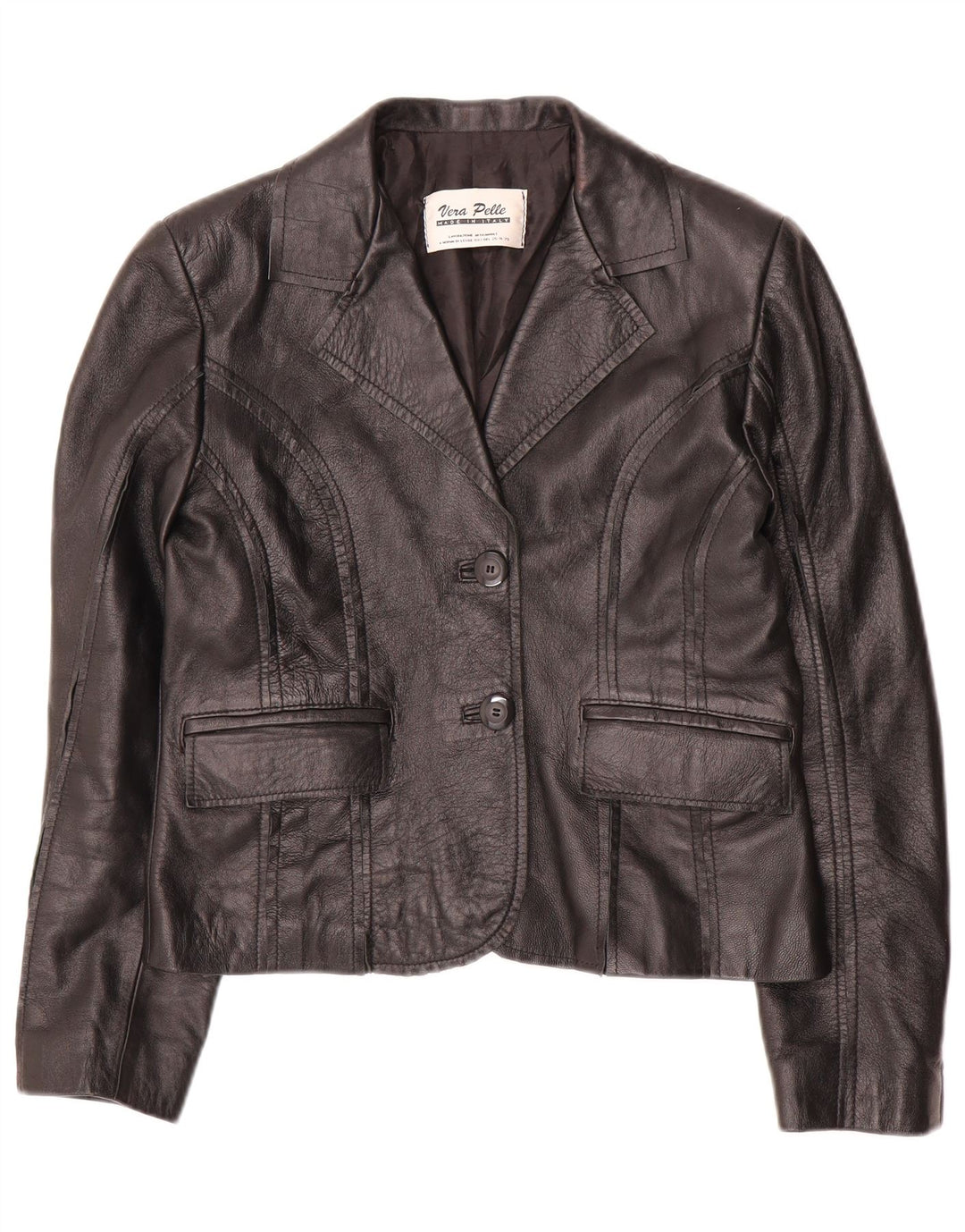 VINTAGE Womens Crop 2 Button Blazer Jacket IT 42 Medium Black Leather