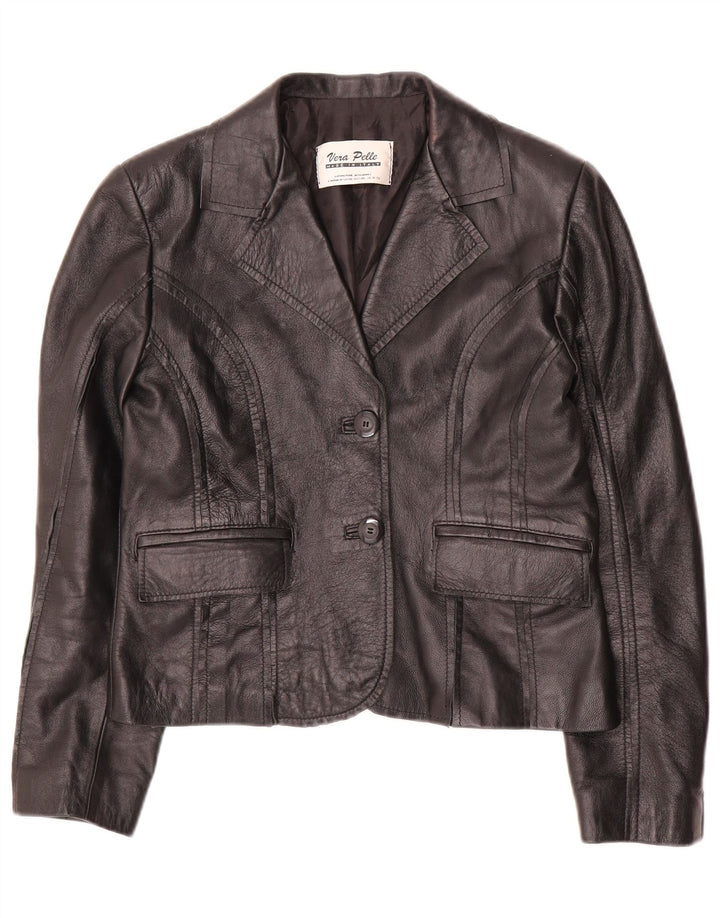 VINTAGE Womens Crop 2 Button Blazer Jacket IT 42 Medium Black Leather