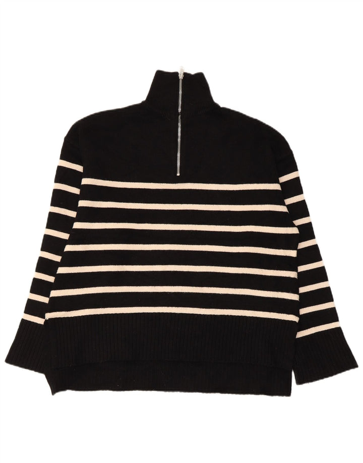 ZARA Womens Oversized Zip Neck Jumper Sweater UK 10 Small Black Striped