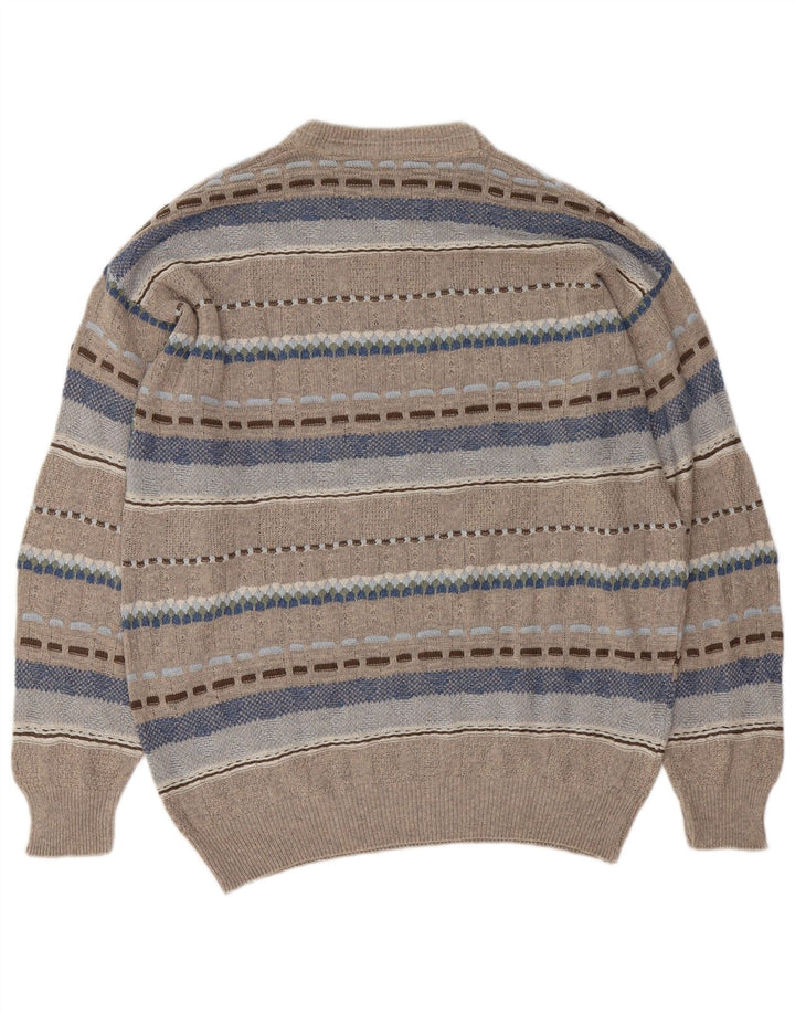Vintage Mens Crew Neck Jumper Sweater Large Grey Geometric