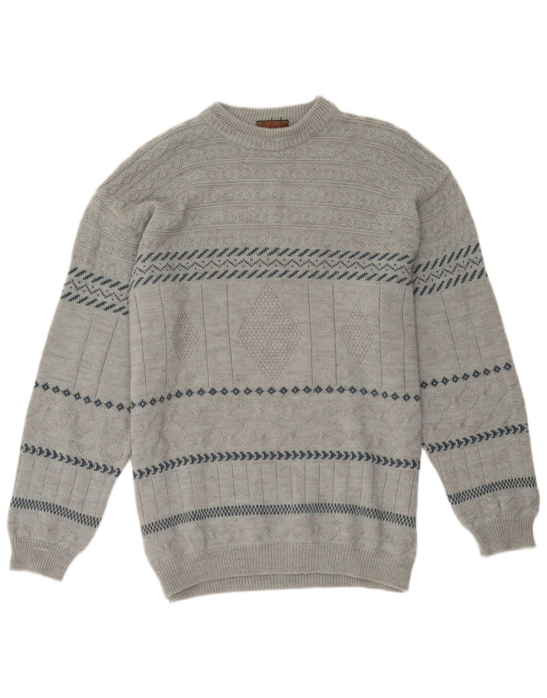 Vintage Mens Crew Neck Jumper Sweater Large Grey Geometric Acrylic