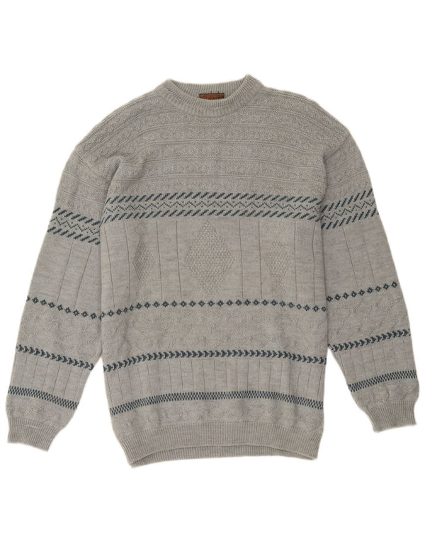 Vintage Mens Crew Neck Jumper Sweater Large Grey Geometric Acrylic