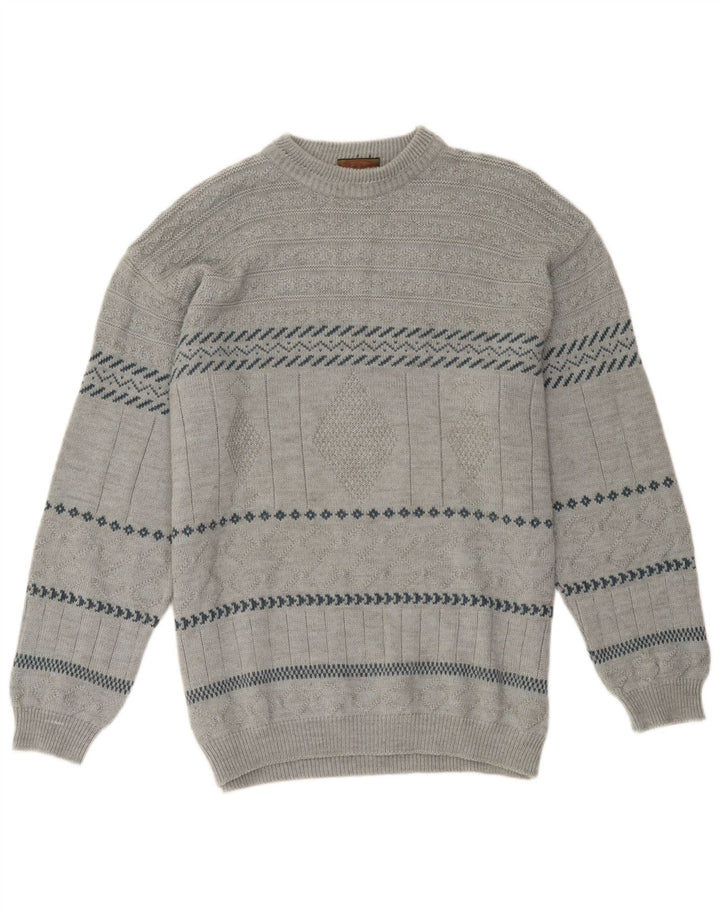 Vintage Mens Crew Neck Jumper Sweater Large Grey Geometric Acrylic