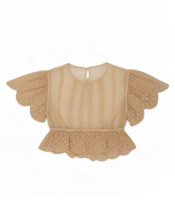 Zara Womens Crop Lace Blouse Top UK 16 Large Beige Floral Polyester