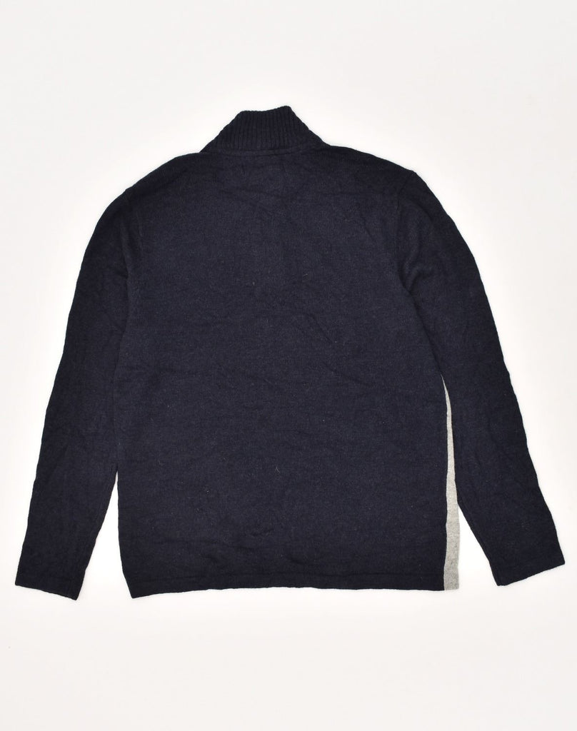 EDDIE BAUER Mens Zip Neck Jumper Sweater Medium Navy Blue Colourblock Wool | Vintage Eddie Bauer | Thrift | Second-Hand Eddie Bauer | Used Clothing | Messina Hembry 