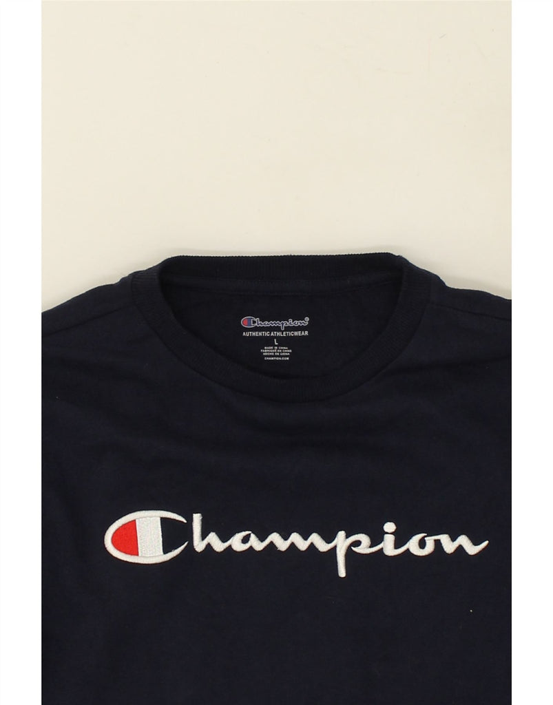 CHAMPION Womens Graphic Sweatshirt Jumper UK 14 Large Navy Blue Cotton | Vintage Champion | Thrift | Second-Hand Champion | Used Clothing | Messina Hembry 