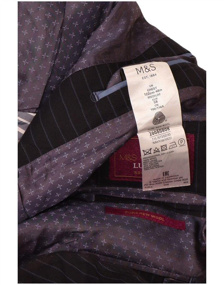Marks & Spencer Mens 2 Button Blazer Jacket UK 48 4XL Navy Blue Pinstripe