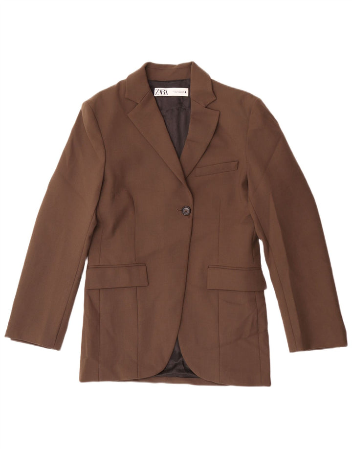 Zara Womens 1 Button Oversized Blazer Jacket UK 6 XS Brown Cotton