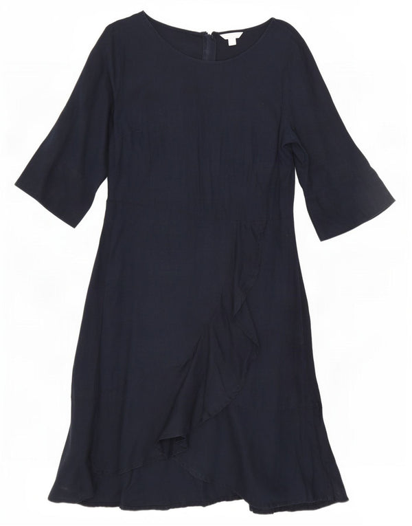 Monsoon Womens 3/4 Sleeve Asymmetrical Dress UK 16 Large Navy Blue Linen