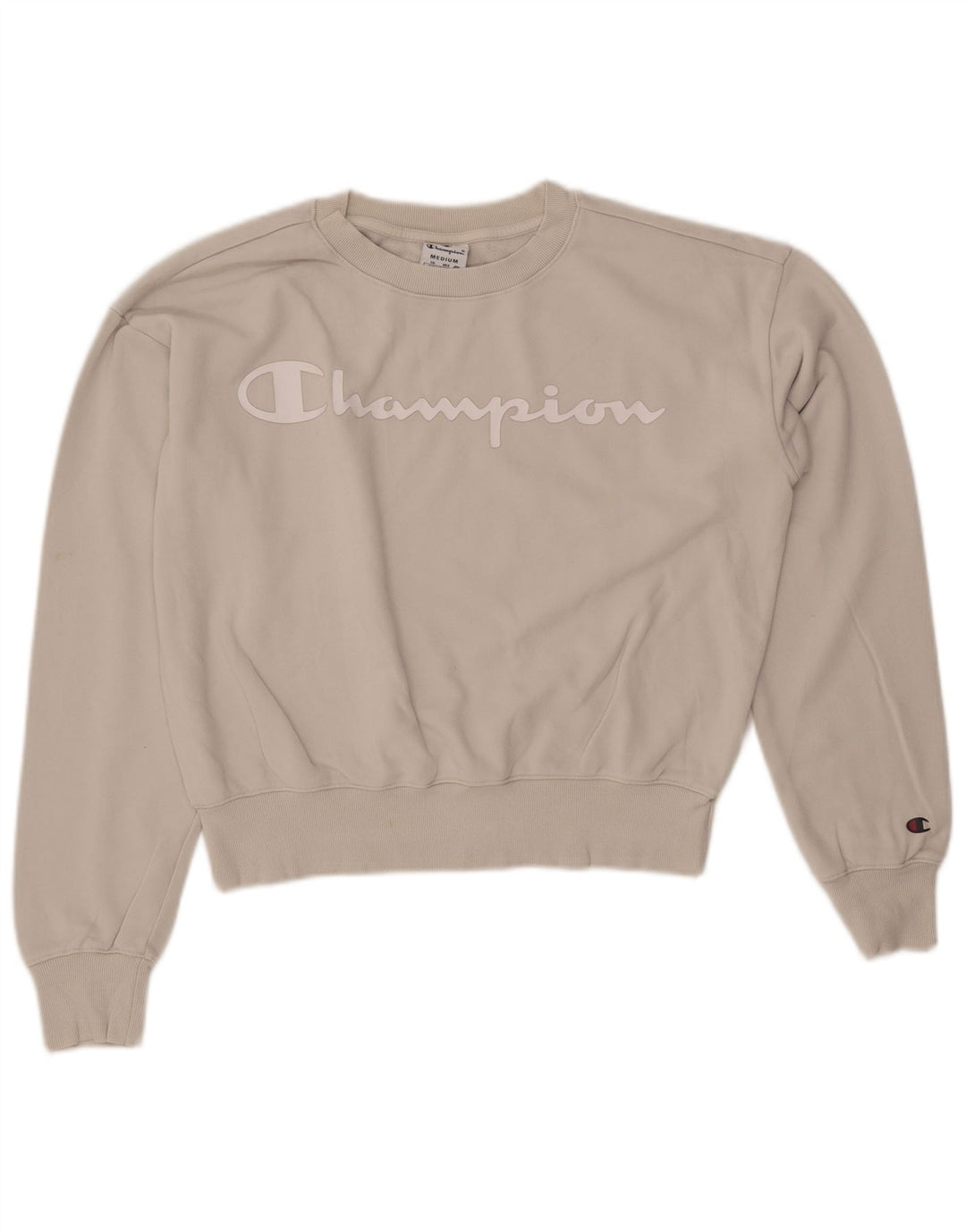 CHAMPION Womens Crop Graphic Sweatshirt Jumper UK 14 Medium Beige
