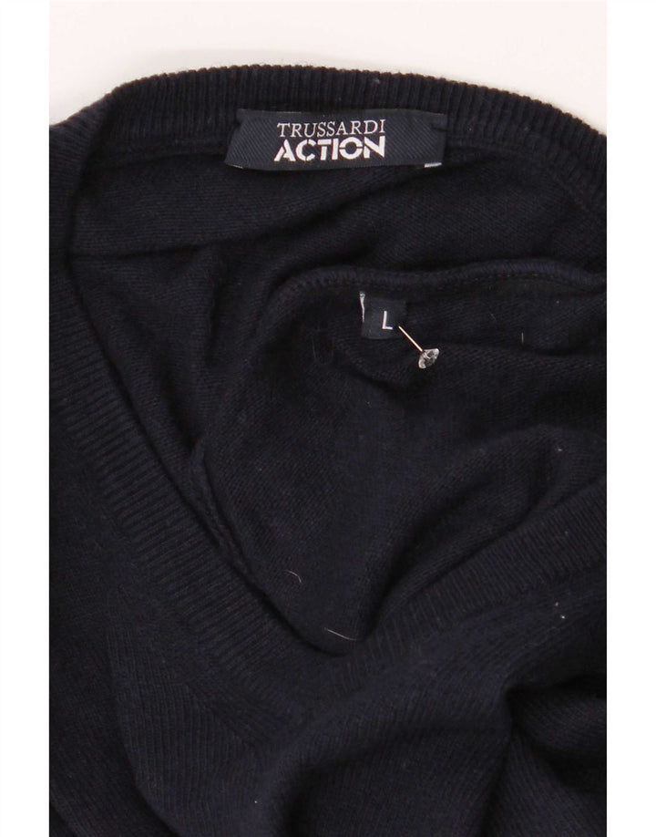 Trussardi Mens V-Neck Jumper Sweater Large Navy Blue Polyester