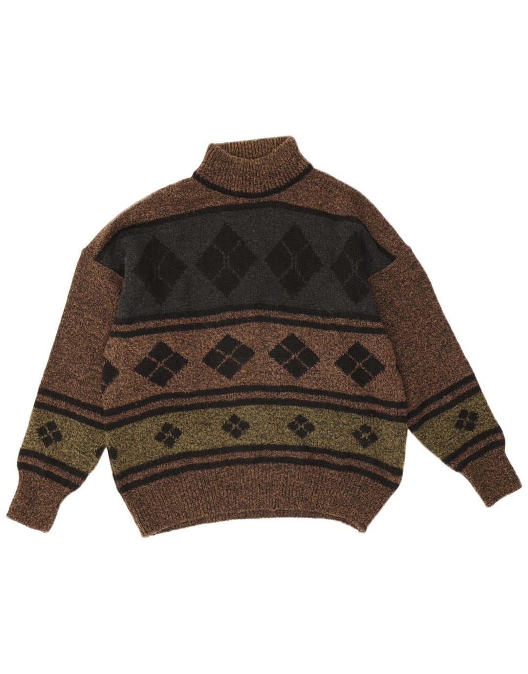 Vintage Mens Turtle Neck Jumper Sweater IT 48 Medium Brown Argyle/Diamond