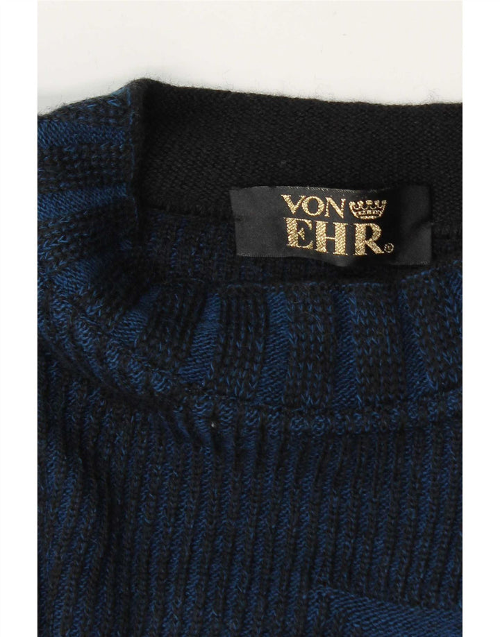 Vintage Mens Crew Neck Jumper Sweater Large Navy Blue Geometric