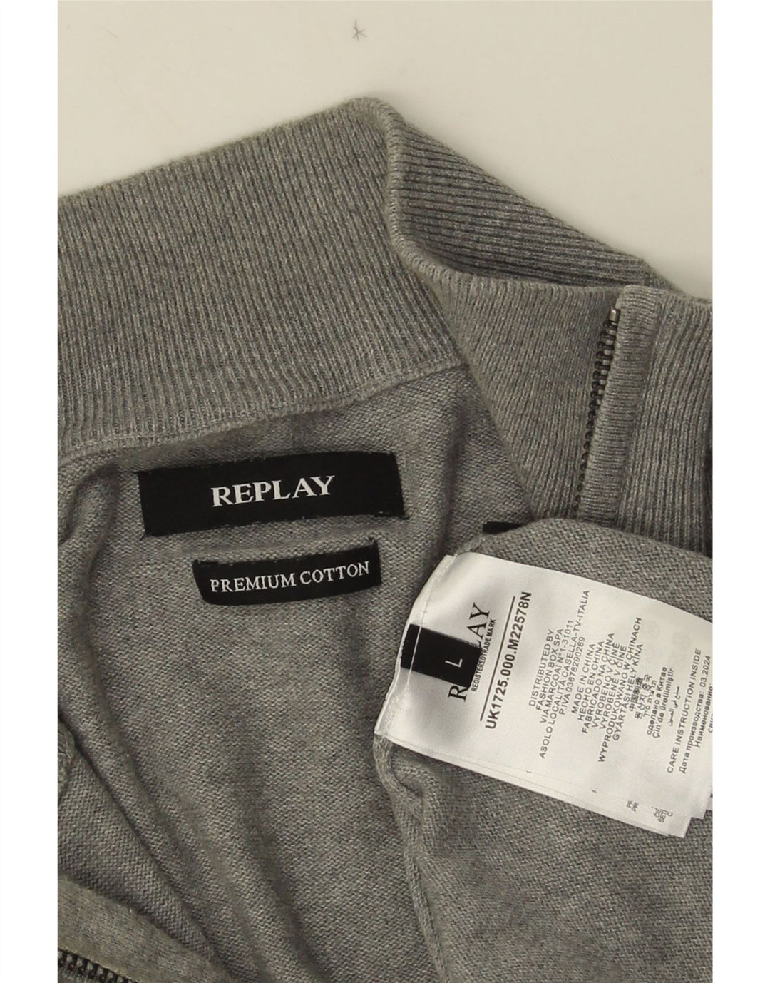 Replay Mens Zip Neck Jumper Sweater Large Grey Cotton