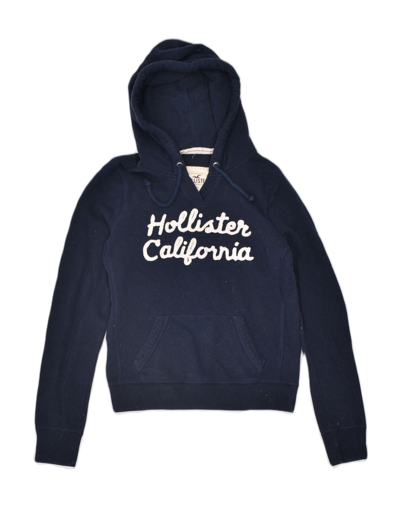 HOLLISTER Womens Graphic Hoodie Jumper UK 12 Medium Navy Blue Cotton | Vintage | Thrift | Second-Hand | Used Clothing | Messina Hembry 