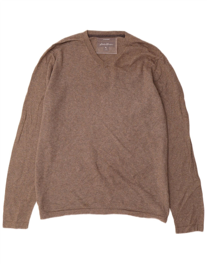 EDDIE BAUER Mens V-Neck Jumper Sweater Large Grey Cotton