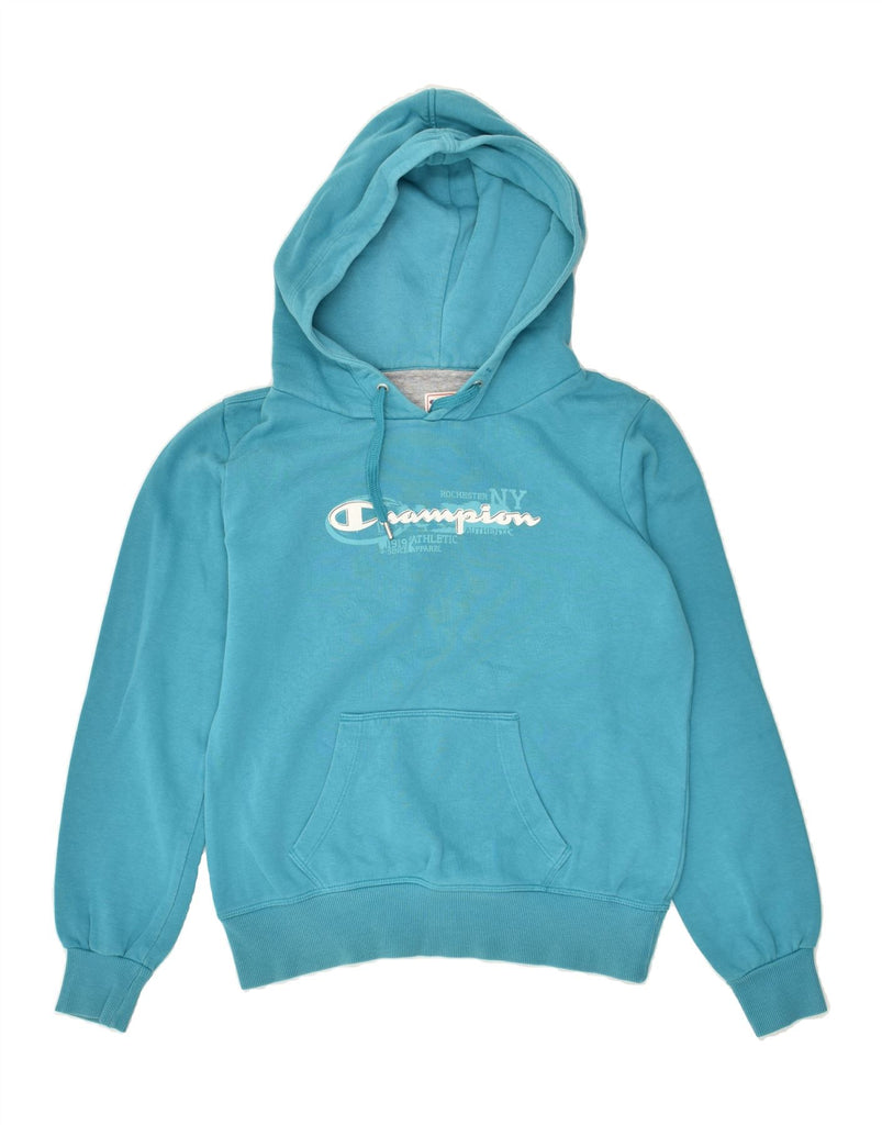 CHAMPION Womens Graphic Hoodie Jumper UK 14 Medium Blue | Vintage Champion | Thrift | Second-Hand Champion | Used Clothing | Messina Hembry 