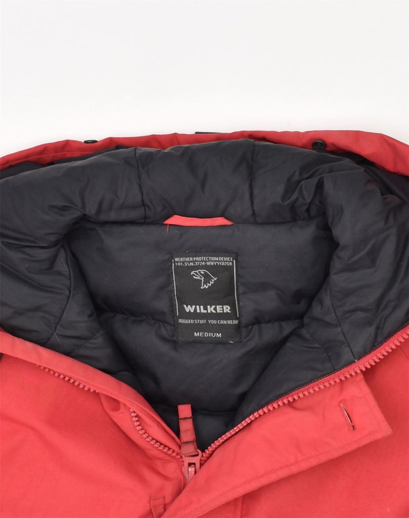 WILKER Mens Hooded Padded Bomber Jacket UK 38 Medium Red Polyamide | Vintage Wilker | Thrift | Second-Hand Wilker | Used Clothing | Messina Hembry 