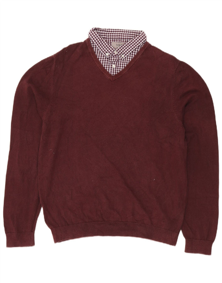 Marks & Spencer Mens V-Neck Jumper Sweater Large Maroon Cotton