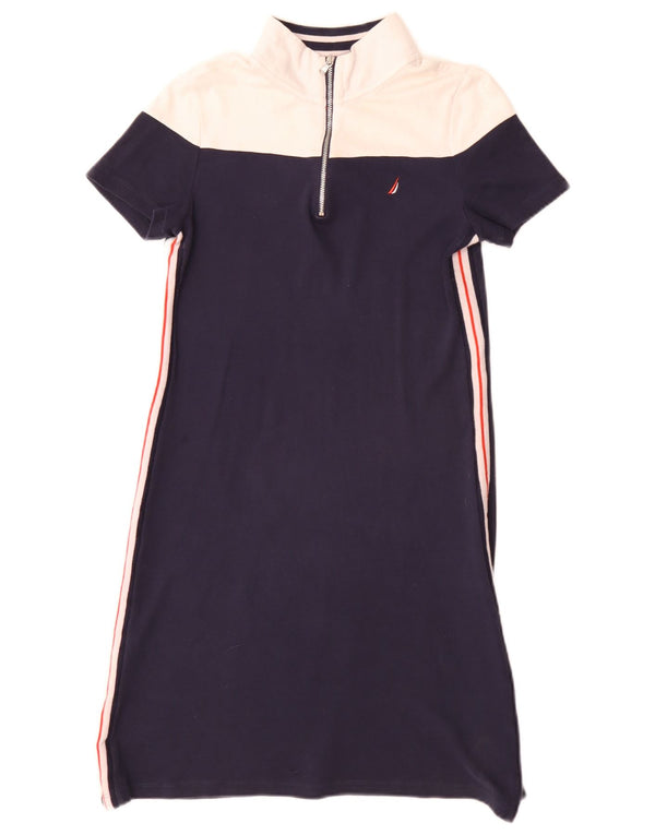 Nautica Womens Zip Neck T-Shirt Dress UK 6 XS Navy Blue Colourblock Cotton