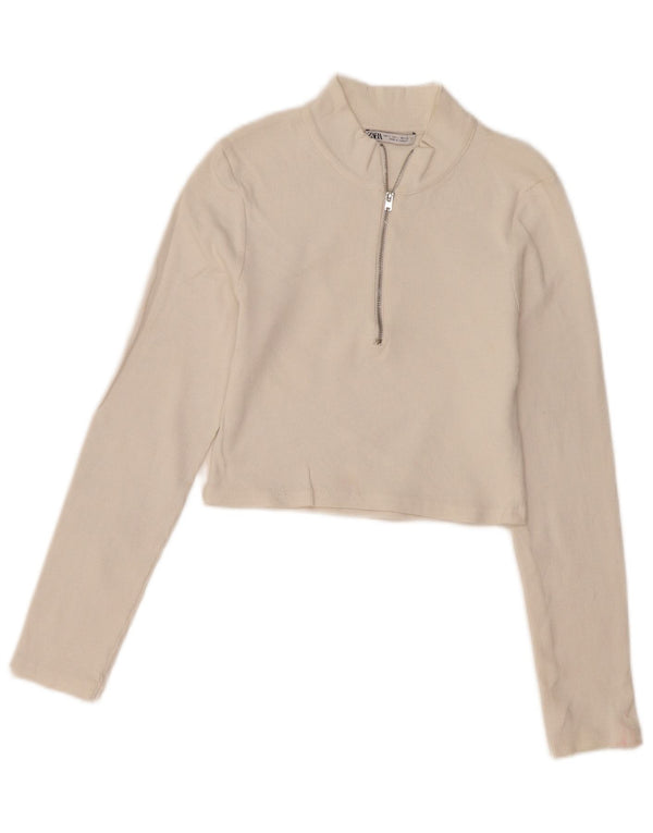 Zara Womens Crop Zip Neck Top Long Sleeve UK 14 Large White Cotton