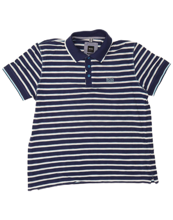 Hugo Boss Mens Regular Fit Polo Shirt XL Navy Blue Striped Cotton