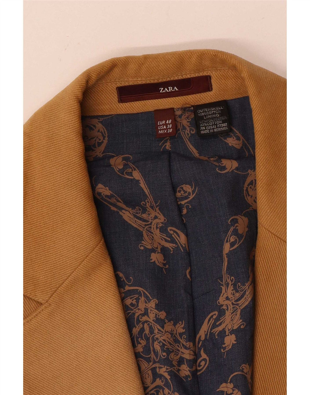 Zara Mens 2 Button Blazer Jacket EU 48 Medium Brown Cotton