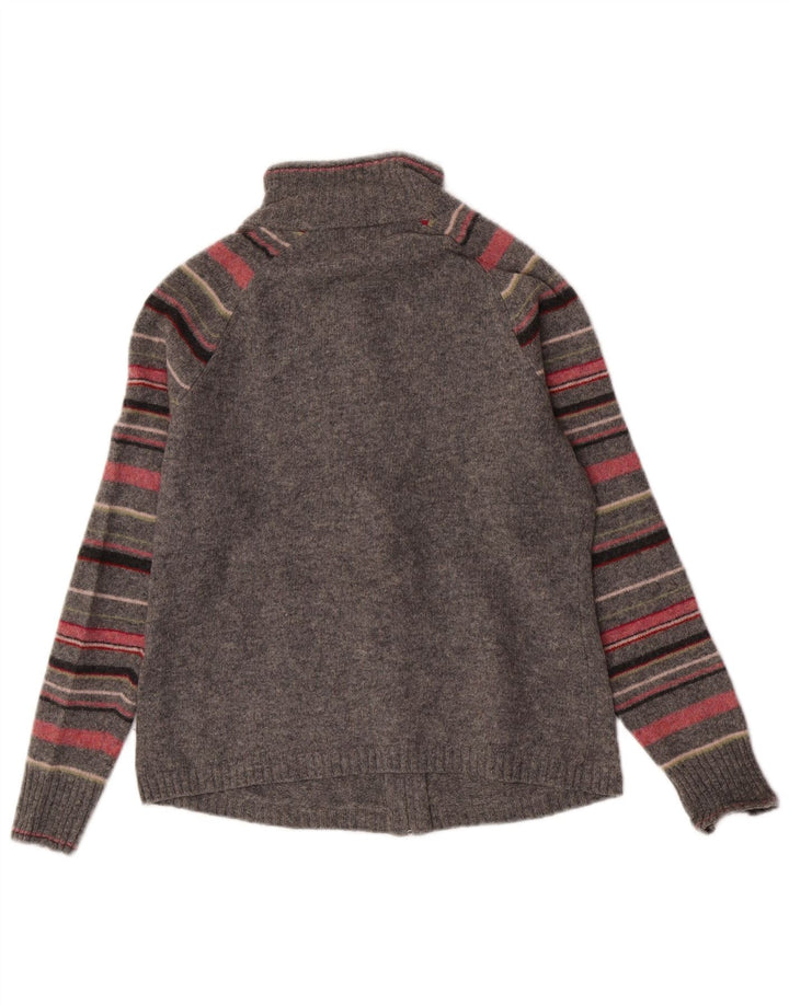 Eddie Bauer Womens Cardigan Sweater UK 12 Medium Grey Striped Lambswool