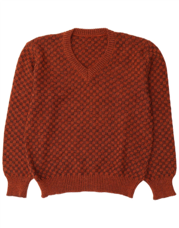 Vintage Mens V-Neck Jumper Sweater Small Brown Geometric