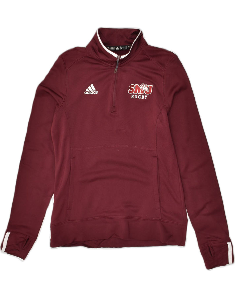 ADIDAS Mens SMU Rugby Zip Neck Sweatshirt Jumper Small Maroon Polyester | Vintage Adidas | Thrift | Second-Hand Adidas | Used Clothing | Messina Hembry 