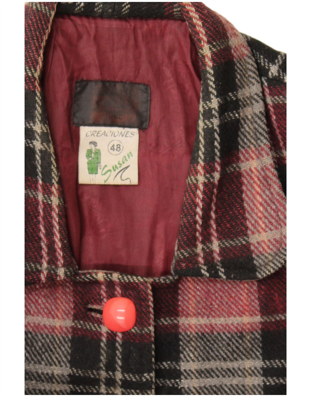 Vintage Womens Overcoat IT 48 XL Burgundy Check Wool