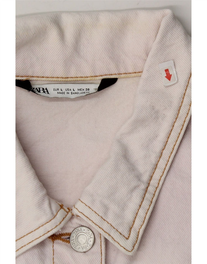 Zara Womens Crop Denim Jacket UK 16 Large Pink Cotton
