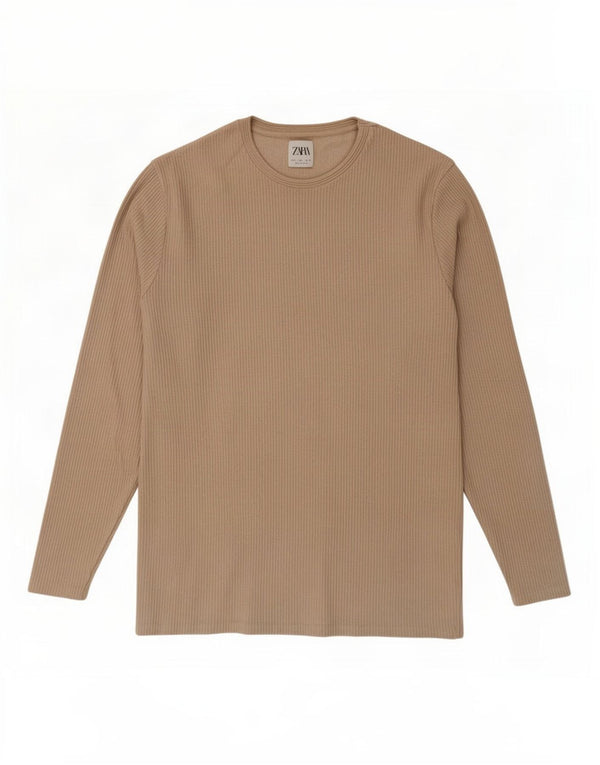 Zara Mens Regular T-Shirt Top Long Sleeve Large Grey Cotton