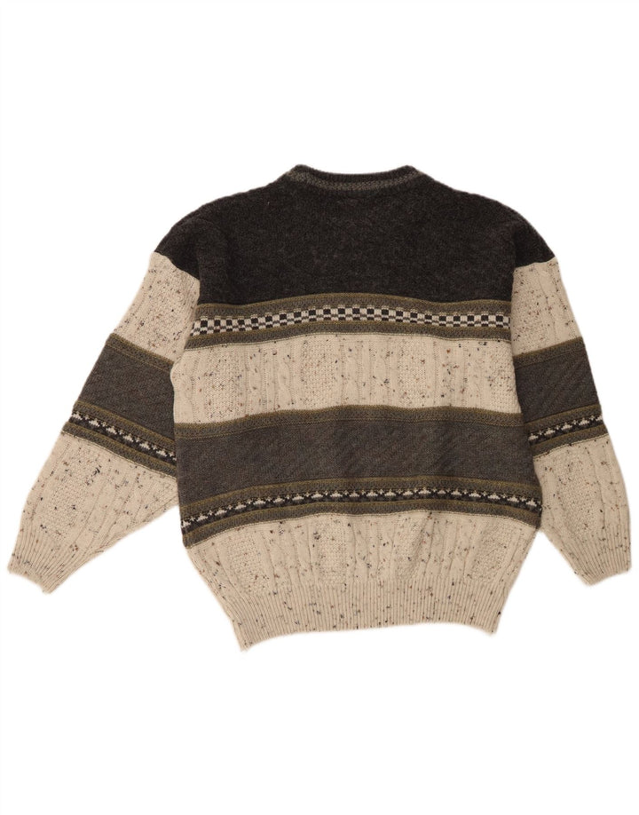 New Fast Mens Crew Neck Jumper Sweater Large Beige Colourblock Acrylic