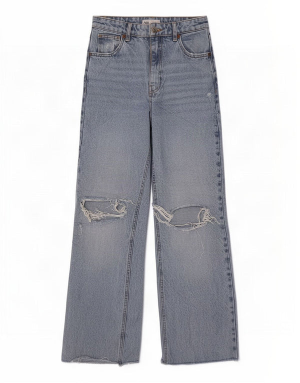 Zara Womens Distressed High Waist Wide Leg Jeans EU 36 XS W26 L30 Blue